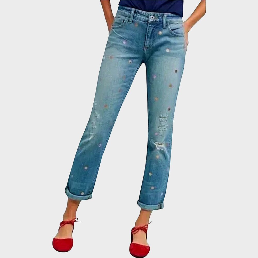 Pilcro Anthropologie Polka Dot Mid-Rise Boyfriend Jeans Retro/Quirky/Fun/Chic 26